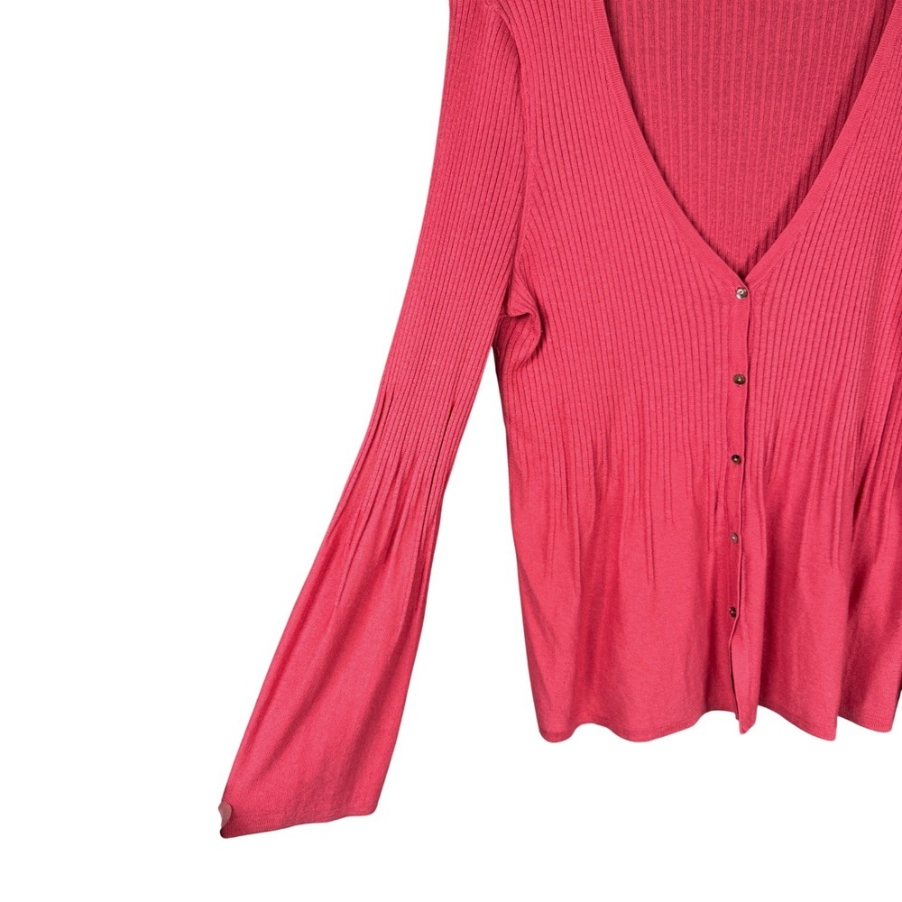 J. Jill Cardigan Sweater Womens L Pink Silk Cotton Ribbed Bell Sleeve V-Neck - Picture 6 of 13